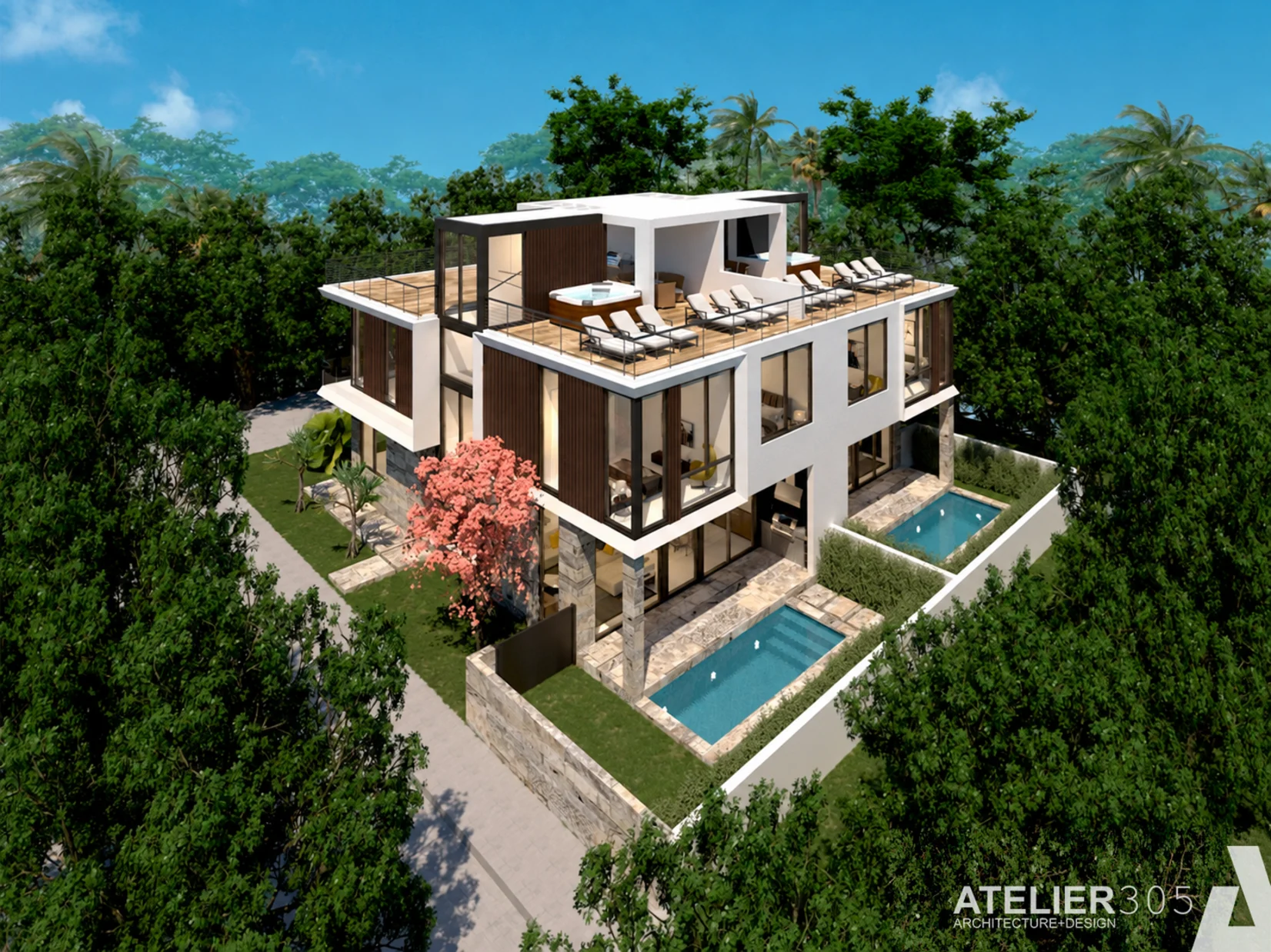 Aerial view of the residence among Coconut Grove's tree canopy