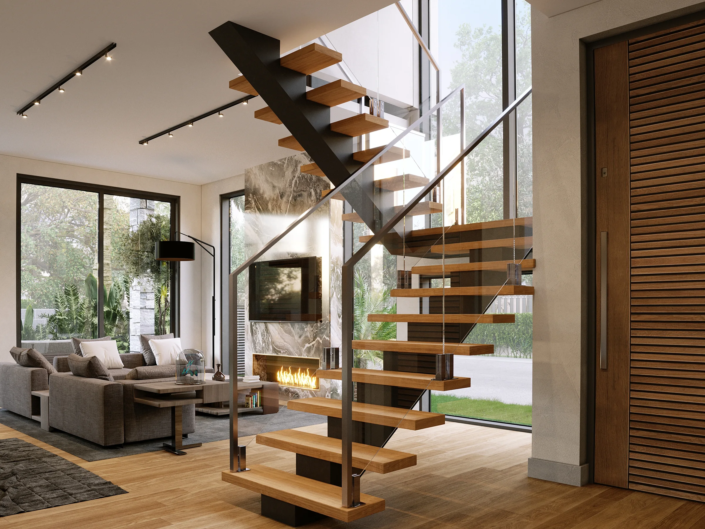 Interior rendering — floating stairs and kitchen