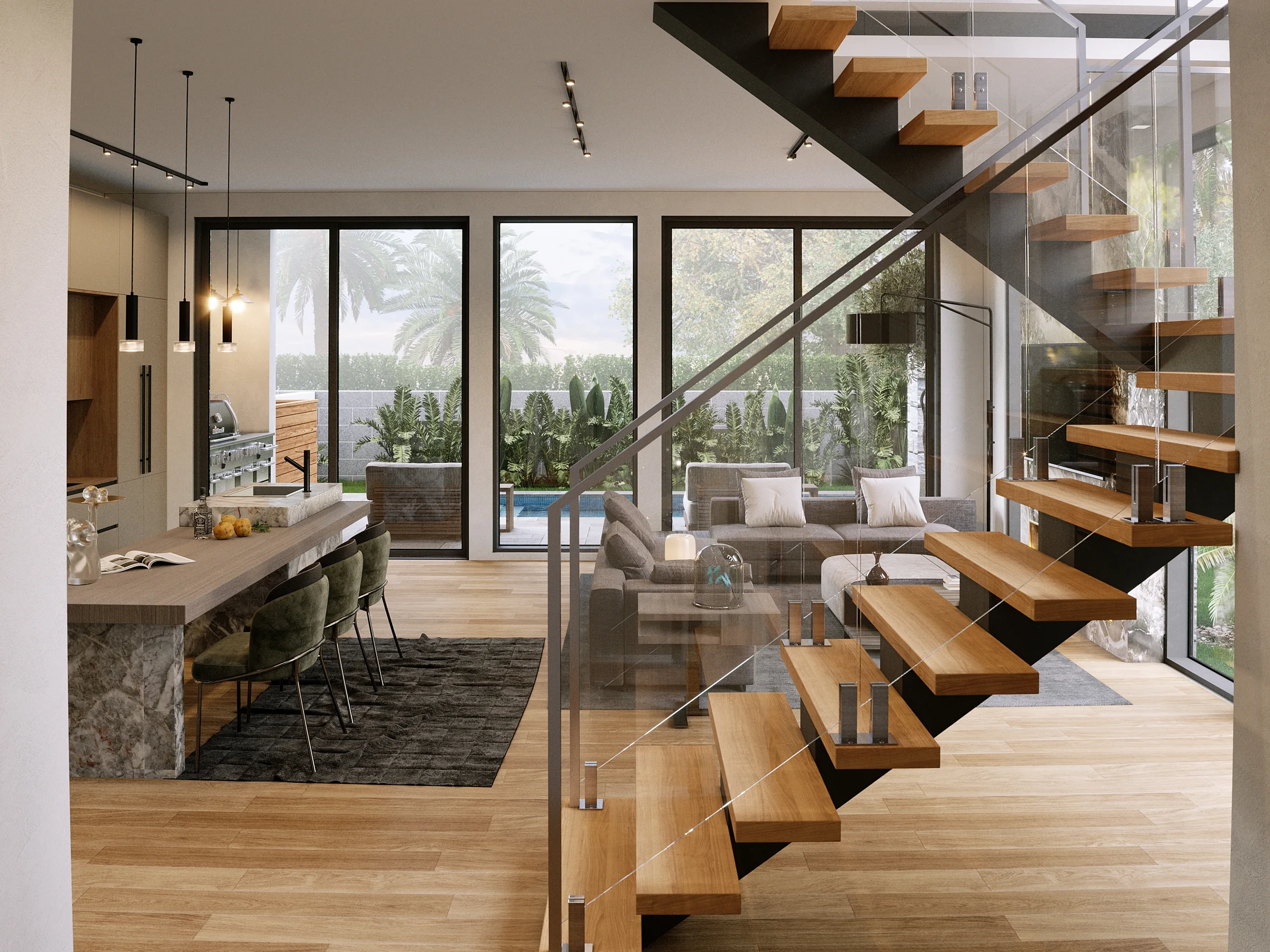 Interior rendering — floating stairs and living room