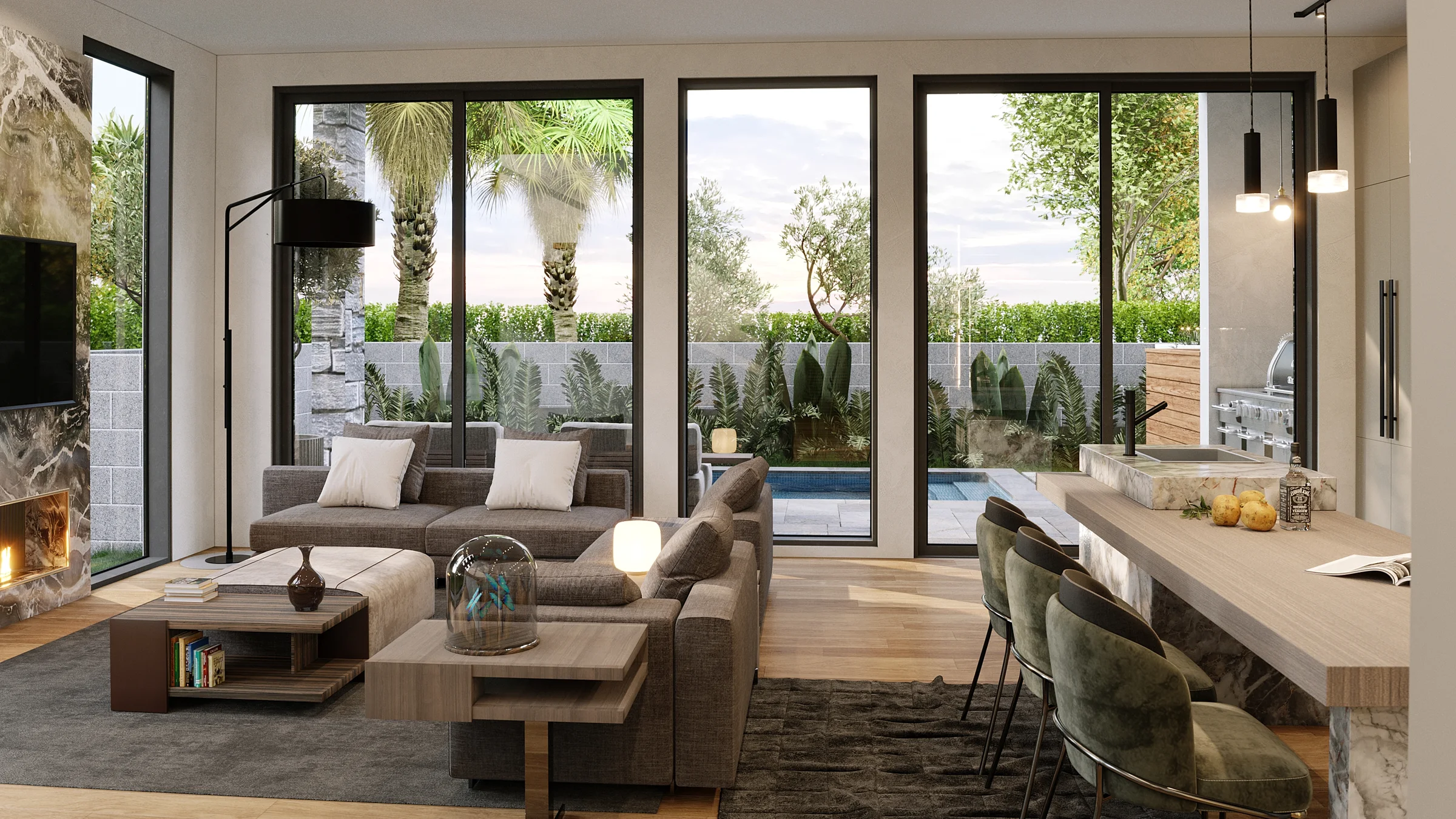Interior rendering — living and dining